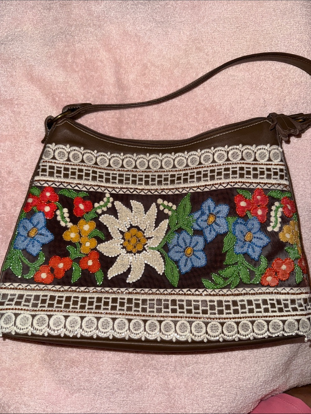 Isabella Fiore Beaded Floral Brown Shoulder Bag